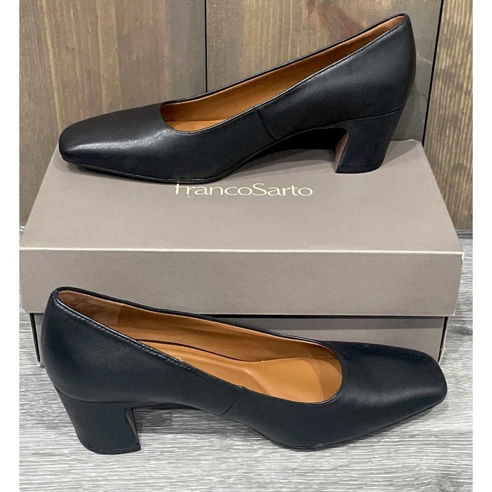 🖤 Franco Sarto Black Leather Low Block Heel Pumps – Size 7 - Picture 8 of 10